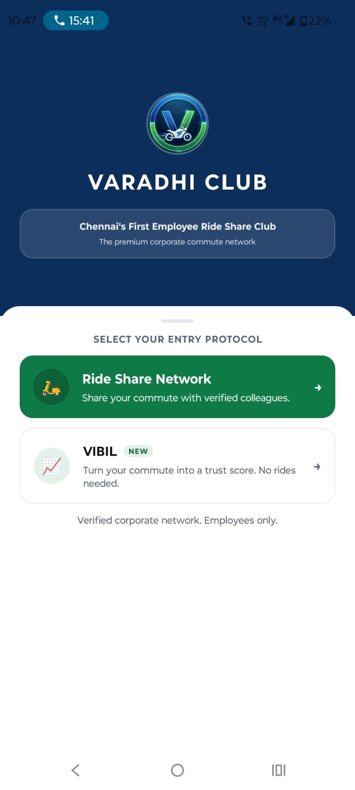 Varadhi app — choose Ride Share Network or VIBIL